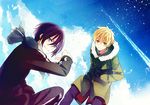  blonde_hair blue_eyes cloud coat fur_coat multiple_boys noragami orange_eyes purple_hair scarf short_hair sky smile takerusilt track_suit yato_(noragami) yukine_(noragami) 