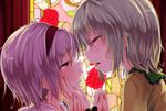  after_kiss blush caesar8149 closed_eyes face hairband hand_on_another's_chin highres holding_hands incest interlocked_fingers komeiji_koishi komeiji_satori multiple_girls open_mouth pink_eyes pink_hair saliva saliva_trail siblings silver_hair sisters stained_glass tongue tongue_out touhou upper_body yuri 