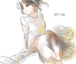  arm_support bad_id bad_pixiv_id black_hair copyright_name dutch_angle hirosae long_skirt looking_away midorikuzira short_hair sitting sketch skirt solo turtleneck yume_nichiroku 