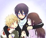  2boys bad_id bad_pixiv_id blonde_hair blue_eyes blush brown_hair eating fish fur_coat holding_hands iki_hiyori inasaba jacket long_hair long_sleeves multiple_boys noragami orange_eyes pink_eyes purple_hair scarf short_hair smile sweatdrop track_jacket yato_(noragami) yukine_(noragami) 