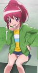  :d aino_megumi hand_on_hip hand_on_own_chin happinesscharge_precure! haruyama_kazunori open_mouth panties pink_eyes ponytail precure red_hair sitting skirt smile solo underwear v-shaped_eyebrows white_panties 