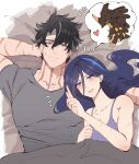  1boy 1girl arm_behind_head arm_up black_hair blue_eyes blue_hair camisole clorinde_(genshin_impact) closed_mouth couple dark_blue_hair earrings from_above genshin_impact grey_hair grey_shirt hair_between_eyes head_on_arm heart hetero highres index_finger_raised jewelry long_hair lying messy_hair multicolored_hair multiple_scars on_back open_mouth parted_bangs purple_eyes rchella scar scar_on_arm scar_on_chest scars_all_over shirt short_hair short_sleeves smile stud_earrings two-tone_hair under_covers upper_body wriothesley_(genshin_impact) 