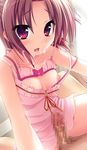  1girl amagasa_hikari blush breasts brown_hair censored collarbone game_cg penis pink_eyes tamahaji!_-tamatama_hajikeru_imouto-tachi 