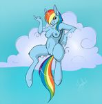  anthro anthrofied blue_fur breasts cloud equine female friendship_is_magic fur hair horse jooughust mammal multi-colored_hair my_little_pony nude outside pegasus pony pussy rainbow_dash_(mlp) rainbow_hair sitting solo wings 