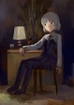  alcohol artist_name bottle chair dark dated glass green_eyes highres kanokoga lamp necktie pantyhose sanya_v_litvyak short_hair silver_hair sitting solo strike_witches world_witches_series 