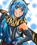  animal_print bad_id bad_pixiv_id blue_eyes blue_hair club duralu500 elbow_gloves fake_horns fingerless_gloves gloves grin horns japanese_clothes mahou_shoujo_madoka_magica miki_sayaka scarf short_hair smile solo tiger_print weapon 