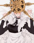  1boy alternate_costume androgynous apron armor arms_up black_choker black_dress blush breasts choker covered_eyes crossdressing dark_souls_(series) dark_souls_i dark_sun_gwyndolin dress enmaided frilled_apron frills gold_armor gold_headwear helm helmet helmet_over_eyes highres lying maid maid_apron male_focus male_maid male_with_breasts medium_breasts on_back on_bed otoko_no_ko short_hair spiked_helmet sweatdrop white_apron white_hair zunkome 