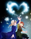  anna_(frozen) blonde_hair braid closed_eyes dress elsa_(frozen) frozen_(disney) green_eyes hairband heart high_five highres multiple_girls one_eye_closed red_hair siblings sicon sisters snowflakes twin_braids younger 