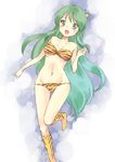  1girl :d amano_sakuya arm_at_side bikini blush boots breasts clenched_hands eyeshadow fangs green_eyes green_hair highres horns long_hair lum makeup navel oni open_mouth running smile solo swimsuit thigh_gap tiger_print urusei_yatsura 