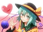  blush breasts eyeball green_eyes green_hair hat hat_ribbon heart heart_of_string komeiji_koishi long_sleeves medium_breasts ribbon shinori short_hair skirt smile solo third_eye touhou wide_sleeves 