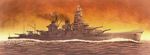  aa_gun aircraft airplane battleship biplane cannon e13a earasensha f1m flag haruna_(battleship) highres imperial_japanese_navy military military_vehicle multiple_boys ocean original rising_sun seaplane ship smoke sunburst sunset turret warship water watercraft world_war_ii 