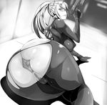  anus arm_support ass ass_focus bad_id bad_pixiv_id blush bodysuit breasts censored covered_clitoris covered_nipples greyscale gun highres holding holding_gun holding_weapon large_breasts looking_at_viewer looking_back lying metroid monochrome mosaic_censoring no_panties nuezou on_side partially_visible_vulva ponytail pussy samus_aran solo torn_bodysuit torn_clothes weapon zero_suit 