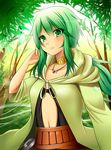  blush breasts caam_serenity_of_gusto collar duel_monster green_eyes green_hair hikaru49831115 jacket jewelry long_hair looking_at_viewer midriff navel small_breasts solo yuu-gi-ou 