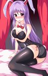  animal_ears bare_arms bare_shoulders black_legwear blush breast_lift breasts bunny_ears bunny_girl bunny_tail bunnysuit cleavage collarbone detached_collar embarrassed highres large_breasts leotard long_hair looking_at_viewer naba_(take_tonbo) open_mouth purple_hair red_eyes reisen_udongein_inaba sitting solo tail thighhighs touhou very_long_hair wrist_cuffs 