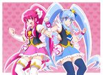  aino_megumi blue_eyes blue_hair blue_legwear blue_skirt boots bow crown cure_lovely cure_princess earrings eyelashes hair_ornament happinesscharge_precure! happy heart heart_hair_ornament jewelry kamiyama_teten long_hair looking_at_viewer magical_girl multiple_girls open_mouth pink_bow pink_eyes pink_hair pink_skirt ponytail precure puffy_sleeves shirayuki_hime shirt skirt smile standing thigh_boots thighhighs thighs twintails white_legwear wide_ponytail wrist_cuffs zettai_ryouiki 