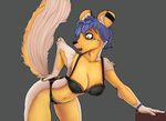  anthro black_nose bra breasts butt butt_grab female fritzlesticks fur green_eyes grey_background looking_back mammal open_mouth plain_background rodent solo squirrel underwear white_fur yellow_fur 