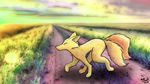  ambiguous_gender canine false_color feral field fox fur grass gravel mammal multiple_tails photo_background quadruped road running traditional_media watercolor 