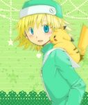  1boy animal blonde_hair blue_eyes blush dengeki!_pikachu ears hat hiroshi_(pokemon) jacket nintendo open_mouth pikachu pixiv_thumbnail pokemon pokemon_(anime) short_hair smile tongue 