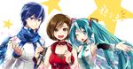  2girls aqua_hair blue_eyes blue_hair blue_scarf brown_eyes brown_hair detached_sleeves green_eyes hatsune_miku headset kaito long_hair meiko meiko_(vocaloid3) microphone multiple_girls nail_polish necktie one_eye_closed open_mouth outstretched_arm redbear07 scarf short_hair smile star twintails upper_body vocaloid 