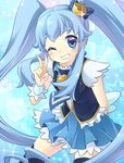  blue blue_background blue_eyes blue_hair blue_legwear blue_skirt crown cure_princess earrings eyelashes grin happinesscharge_precure! happy jewelry kuune_rin long_hair looking_at_viewer magical_girl one_eye_closed precure shirayuki_hime shirt skirt smile solo thighhighs thighs twintails v wrist_cuffs zettai_ryouiki 