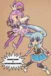  blue_eyes blue_hair blue_skirt boots copyright_name cure_princess cure_sword dokidoki!_precure hair_ornament hairclip happinesscharge_precure! highres kenzaki_makoto long_hair magical_girl morinaga_ayami multiple_girls one_eye_closed precure prehensile_hair purple_eyes purple_footwear purple_skirt scissors shirayuki_hime skirt tears thighhighs twintails zettai_ryouiki 