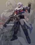  1boy arm_cannon black_footwear black_gloves capelet dual_arm_cannons gloves grey_capelet grey_hair highres humanization kurosaki_sasori megatron megatron_(transformers_one) open_hand personification red_eyes transformers transformers_one weapon 