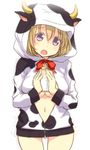  alternate_costume animal_costume blonde_hair bottle bottomless bow cleavage_cutout cow_costume horns looking_at_viewer maribel_hearn navel no_pants open_mouth purple_eyes solo tori_(minamopa) touhou 