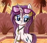  blue_eyes bush cutie_mark danielsplatter equine eyeshadow eyewear female feral friendship_is_magic glasses hair half-closed_eyes horn horse makeup mammal mountain my_little_pony necklace outside palm_tree pony pool purple_hair rarity_(mlp) sunset swimming_pool teeth tooth tree unicorn water 