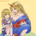  2girls :d black_skirt blonde_hair blue_eyes blue_kimono blue_overskirt breasts brown_jacket cleavage closed_mouth collarbone commentary_request cup fangs flat_chest happy highres horns hoshiguma_yuugi hoshiguma_yuugi_(kimono) jacket japanese_clothes kimono long_sleeves medium_breasts medium_hair mizuhashi_parsee multiple_girls nek0magur0 off_shoulder open_mouth pointy_ears ponytail red_eyes red_horns sakazuki short_sleeves simple_background single_horn skirt smile thank_you touhou translation_request twitter_username wide_sleeves yellow_background 