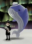  1girl animal ant antennae aurora black_dress black_eyes black_hat bug dress fedora full_body giant_insect gradient_sky hat holding holding_animal kaki_(kakinuma31) mini_hat original outdoors purple_sky short_twintails sky smile solo standing twintails whale white_hat 