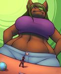  2014 anthro belly big_breasts black_hair breasts brown_fur canine clothed clothing female fur green_eyes green_hair green_nose hair hi_res long_hair looking_down looking_up low-angle_shot macro male mammal micro navel sheela shirt shorts size_difference smile standing wide_hips wolf 
