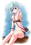  aqua_eyes aqua_hair bikini blush highres kantai_collection kaze_makase long_hair looking_at_viewer off_shoulder parted_lips sitting solo suzuya_(kantai_collection) swimsuit turret wet 