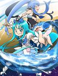  \m/ bare_shoulders blue_eyes blue_hair blue_skirt c-moon cure_marine cure_princess dress grin happinesscharge_precure! heartcatch_precure! kurumi_erika long_hair magical_girl multiple_girls precure shirayuki_hime skirt smile sweatdrop twintails water 