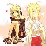  ahoge artoria_pendragon_(all) blonde_hair casual dress dual_persona fate/stay_night fate_(series) green_eyes japanese_clothes kon_manatsu miko multiple_girls ponytail saber sandals 