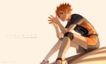  1boy feet_out_of_frame fingernails from_below haikyuu!! highres hinata_shouyou karasuno_volleyball_uniform knee_pads male_focus orange_eyes orange_hair parted_lips shoes short_hair shorts sitting sneakers solo spiked_hair sportswear translation_request valley_(valley-g) volleyball_uniform 
