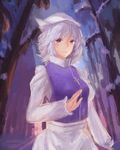  apron blouse blue_eyes brooch faux_traditional_media forest hand_up hat high_collar highres jewelry juliet_sleeves lavender_hair letty_whiterock light_smile long_sleeves looking_at_viewer nature puffy_sleeves short_hair snow solanum solo tears touhou waist_apron 