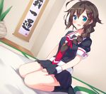  blue_eyes blue_vert braid brown_hair dutch_angle fingerless_gloves futon gloves hair_ornament hair_over_shoulder hairclip kantai_collection long_hair open_mouth pleated_skirt ribbon school_uniform scroll seiza serafuku shigure_(kantai_collection) single_braid sitting skirt smile solo tatami 