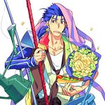  armor blue_hair bouquet casual cigarette earrings fate/hollow_ataraxia fate/stay_night fate_(series) fishing_rod flower food gae_bolg jewelry kon_manatsu lancer long_hair male_focus multiple_persona polearm ponytail popsicle red_eyes spear weapon 