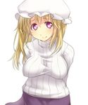  arms_behind_back blonde_hair breasts hat heart heart-shaped_pupils large_breasts looking_at_viewer maribel_hearn purple_eyes ribbed_sweater skirt smile solo sweater symbol-shaped_pupils tori_(minamopa) touhou 