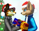  animated anthro canine chacal christmas clothed clothing cute duo feline fur green_eyes hair hat holidays holyday jackal jamesfoxbr male mammal open_mouth plain_background saba santa_hat scarf smile standing stripes tiger 