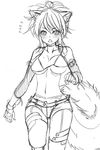  animal_ears belt bikini_top blush bouncing_breasts breasts gloves greyscale large_breasts lingerie looking_afar monochrome original ponytail reason_(ficafe) shorts sketch slit_pupils solo surprised tail thighhighs underwear 