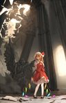  arms_behind_back ascot blonde_hair destruction flandre_scarlet floor hat looking_away mary_janes pillar red_eyes rubble ruins shoes short_hair side_ponytail skirt solo statue touhou white_legwear wings xiao_qiang_(overseas) 