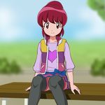  1girl aino_megumi black_legwear happinesscharge_precure! highres mont_blanc_(heartcatch_ayaya) pink_eyes pink_hair ponytail precure skirt sky smile solo thighhighs vest 