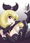 blonde_hair breasts cleavage detached_sleeves dress hair_ribbon happinesscharge_precure! high_heels large_breasts lips lying misu_kasumi on_stomach precure queen_mirage red_eyes ribbon short_hair solo tongue tongue_out 