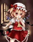  :o ascot bad_id bad_pixiv_id bat blonde_hair flandre_scarlet hallway hand_on_own_face hat hat_ribbon looking_at_viewer mob_cap open_mouth puffy_short_sleeves puffy_sleeves red_eyes ribbon rinne_(kouheiramia) short_hair short_sleeves side_ponytail skirt skirt_set solo touhou window wings 