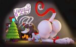 3d_(artwork) accessory alien all_fours ankles_tied anthro ass_up bangs bedroom_eyes big_butt blush blush_lines bound bow_ribbon brown_hair butt butt_focus christmas christmas_present christmas_tree claws clothing digital_media_(artwork) english_text feet female festive film_grain fireplace furgonomics gift glowing glowing_eyes green_eyes hair hands_tied hi_res holidays long_snout looking_at_viewer looking_back looking_back_at_viewer mistletoe_on_tail narrowed_eyes nude plant presenting presenting_hindquarters requesting ribbons seductive siakstuff signature snout solo tail tail_accessory tail_bow tail_clothing tail_ribbon tail_stocking text tree vignette white_body white_skin wrapped_up wreath