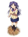  blue_hair clannad hair_bobbles hair_ornament hand_on_own_cheek highres hikarizaka_private_high_school_uniform ichinose_kotomi kneehighs loafers long_hair mokkei navy_blue_legwear purple_eyes school_uniform shoes two_side_up 