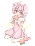  :o ahoge animal_ears espurr fangs food food_on_face gen_6_pokemon highres looking_at_viewer mono_land over-kneehighs personification pink_hair pokemon purple_eyes sitting solo sparkle tail thighhighs wariza white_legwear 