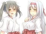  2girls black_hair blush hachimaki headband kantai_collection long_hair multiple_girls open_mouth shoukaku_(kantai_collection) tori_(minamopa) trembling twintails upper_body white_hair yellow_eyes zuikaku_(kantai_collection) 