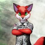  anthro canine clothed clothing cute fox fur green_eyes jamesfoxbr looking_at_viewer male mammal military military_uniform plain_background red_fur smile solo standing uniform 